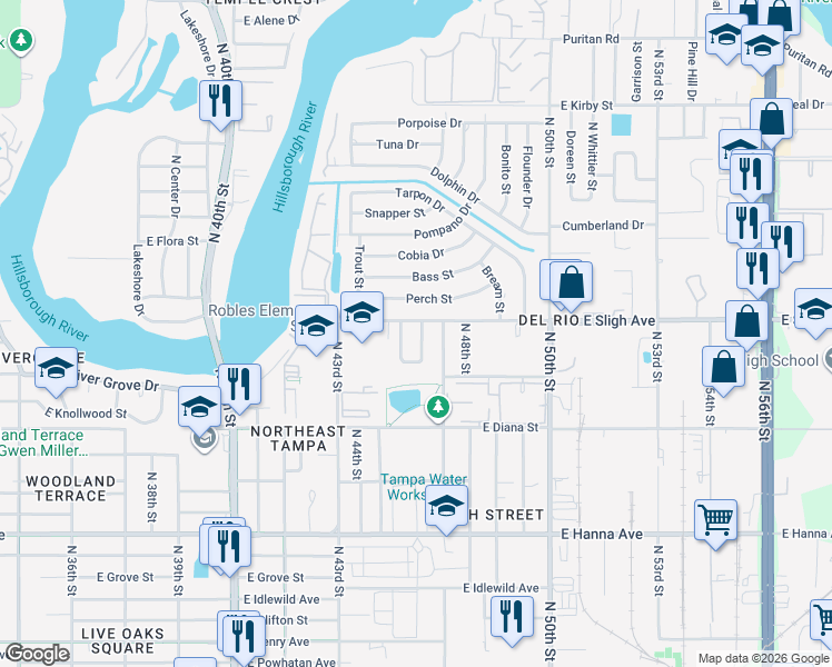 map of restaurants, bars, coffee shops, grocery stores, and more near 4424 Lurline Circle in Tampa