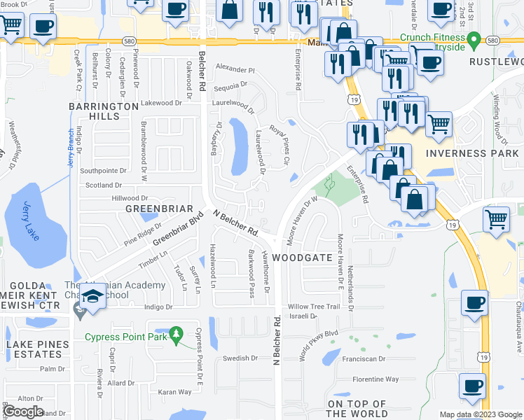 map of restaurants, bars, coffee shops, grocery stores, and more near 2492 Laurelwood Drive in Clearwater