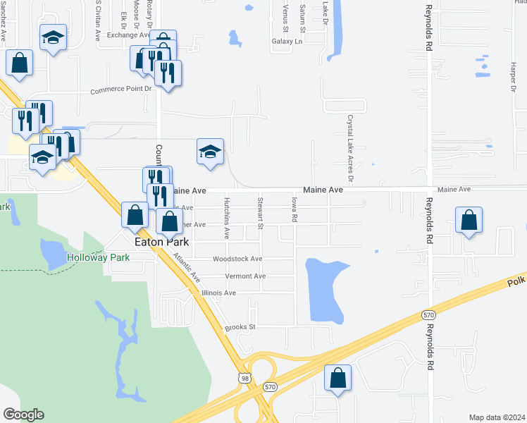 map of restaurants, bars, coffee shops, grocery stores, and more near 2932 Stewart Street in Lakeland