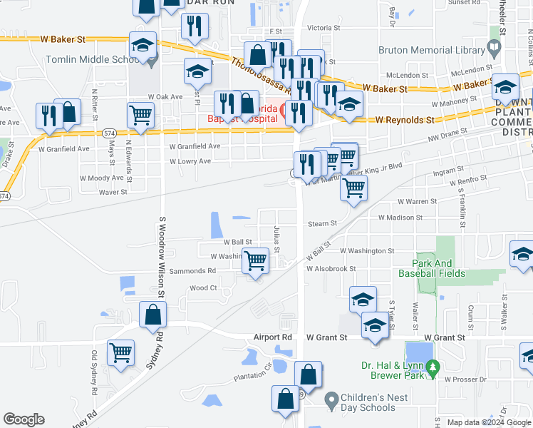map of restaurants, bars, coffee shops, grocery stores, and more near 1607 Bowman Avenue in Plant City