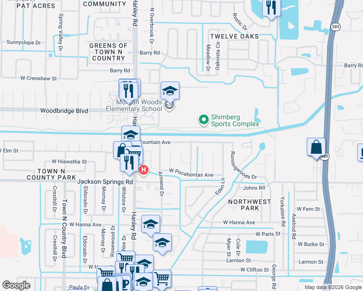 map of restaurants, bars, coffee shops, grocery stores, and more near 7007 Fountain Avenue in Tampa