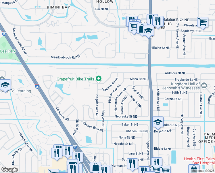 map of restaurants, bars, coffee shops, grocery stores, and more near 1529 Van Eck Road Northeast in Palm Bay