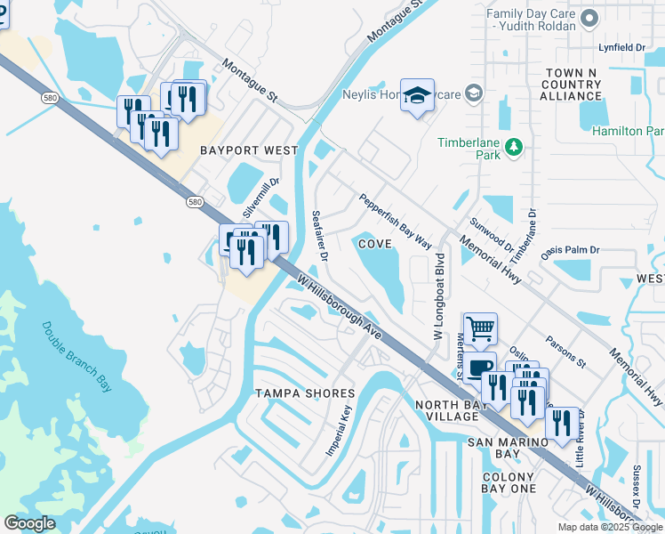 map of restaurants, bars, coffee shops, grocery stores, and more near 10901 Suncrest Court in Tampa