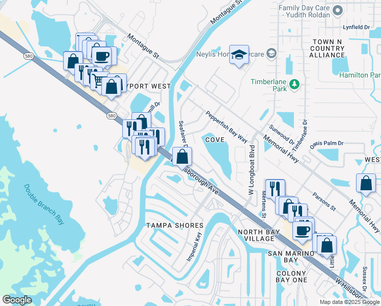 map of restaurants, bars, coffee shops, grocery stores, and more near 10901 Suncrest Court in Tampa