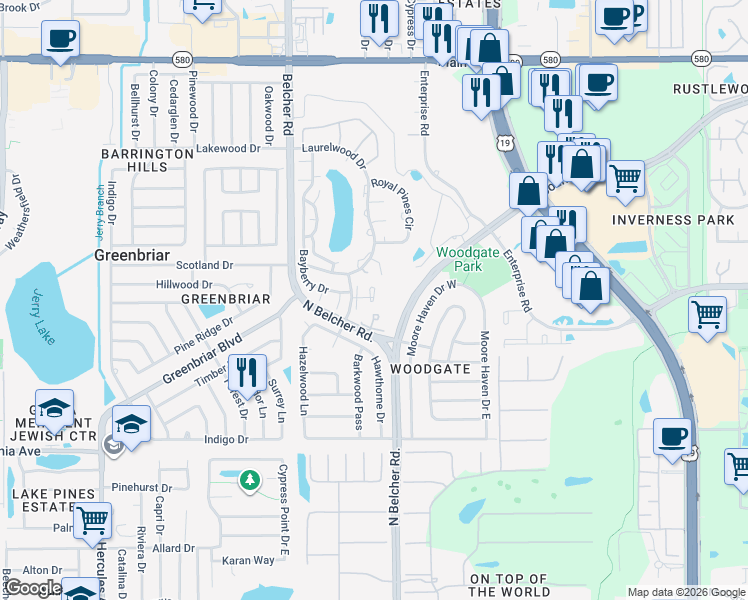 map of restaurants, bars, coffee shops, grocery stores, and more near 2492 Laurelwood Drive in Clearwater