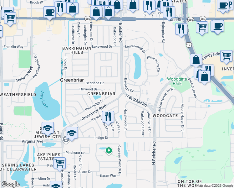 map of restaurants, bars, coffee shops, grocery stores, and more near 2175 Pine Ridge Drive in Clearwater