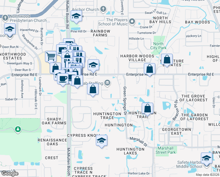 map of restaurants, bars, coffee shops, grocery stores, and more near 1609 Hampton Court in Safety Harbor