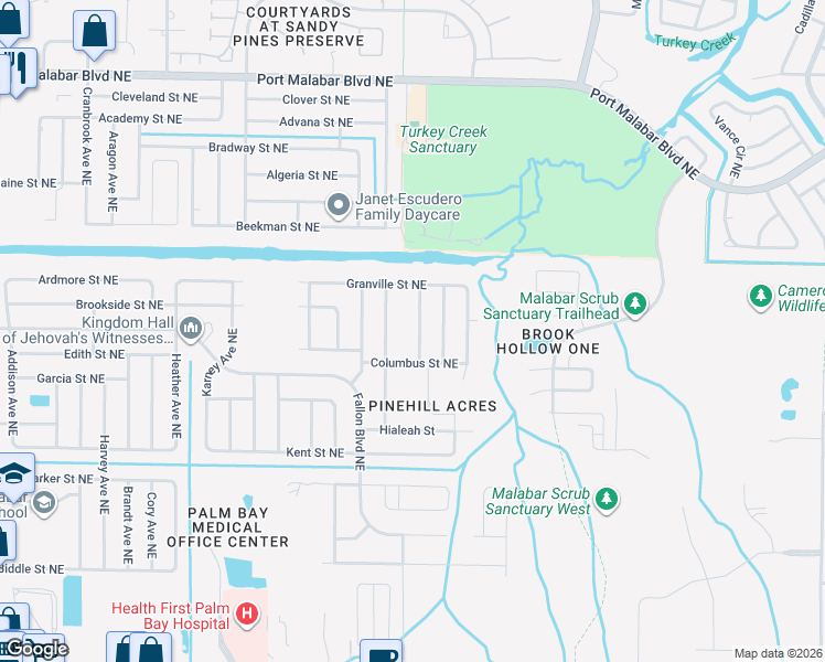 map of restaurants, bars, coffee shops, grocery stores, and more near 540 California Avenue Northeast in Palm Bay