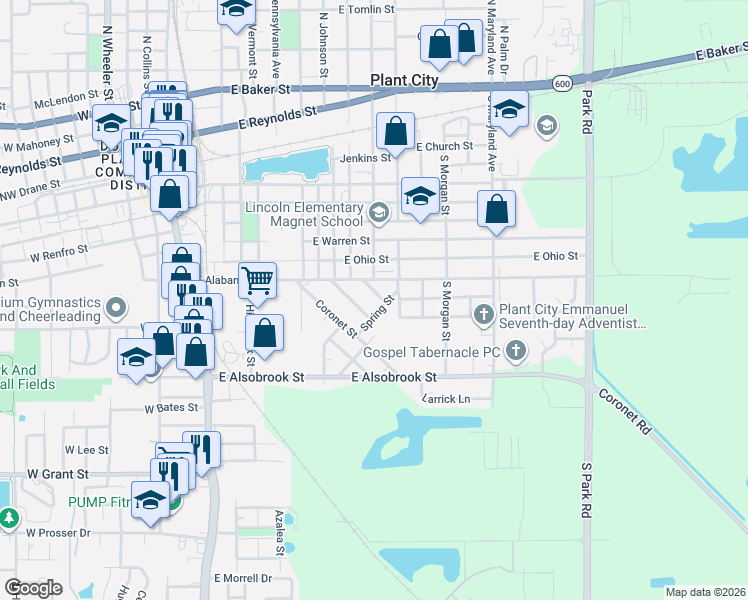 map of restaurants, bars, coffee shops, grocery stores, and more near 1105 East Alabama Street in Plant City