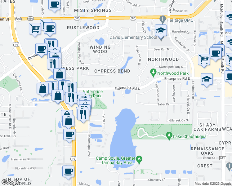map of restaurants, bars, coffee shops, grocery stores, and more near 2737 Enterprise Road East in Clearwater