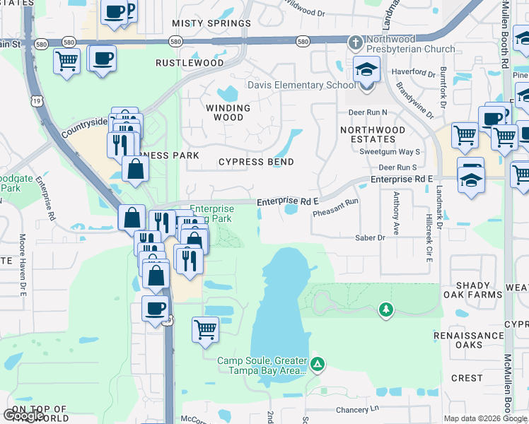 map of restaurants, bars, coffee shops, grocery stores, and more near 2737 Enterprise Road East in Clearwater