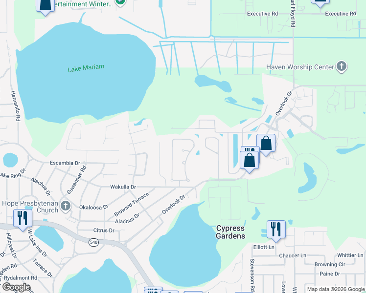map of restaurants, bars, coffee shops, grocery stores, and more near 242 Santa Rosa Drive in Winter Haven