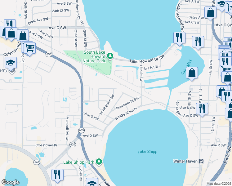 map of restaurants, bars, coffee shops, grocery stores, and more near 1973 Camelot Court Southwest in Winter Haven