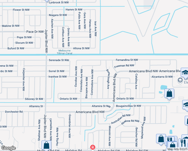 map of restaurants, bars, coffee shops, grocery stores, and more near 505 Commodore Avenue Northwest in Palm Bay