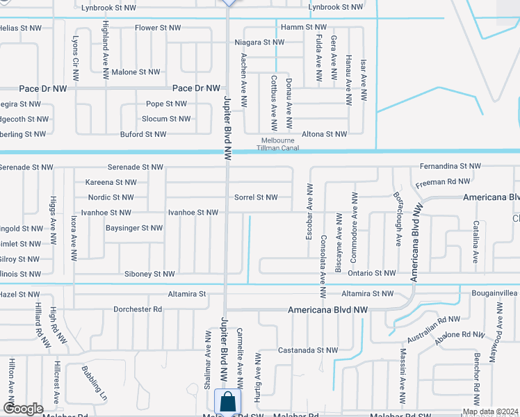 map of restaurants, bars, coffee shops, grocery stores, and more near 849 Ivanhoe Street Northwest in Palm Bay