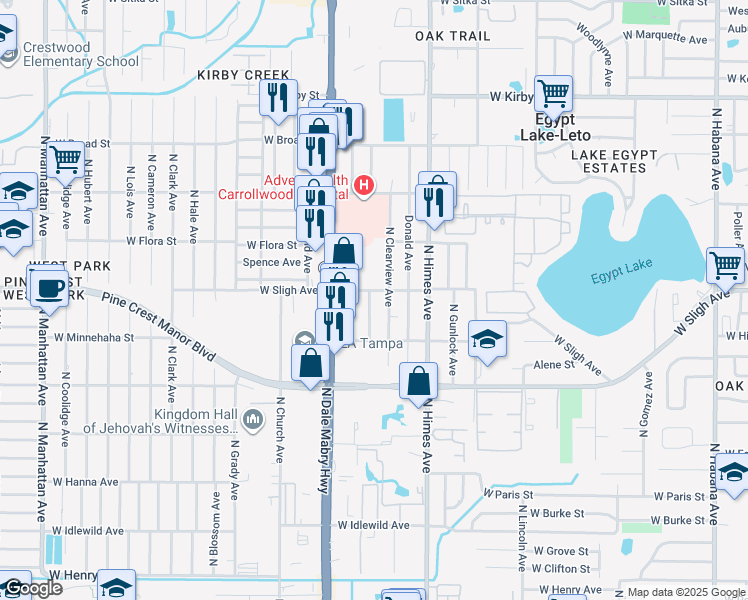map of restaurants, bars, coffee shops, grocery stores, and more near 3619 West Sligh Avenue in Tampa