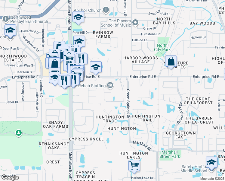 map of restaurants, bars, coffee shops, grocery stores, and more near 1609 Hampton Court in Safety Harbor