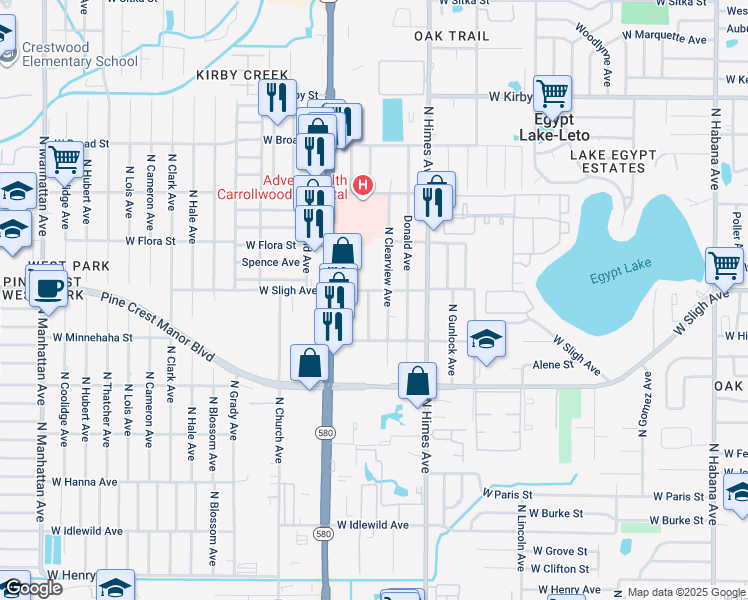 map of restaurants, bars, coffee shops, grocery stores, and more near 3619 West Sligh Avenue in Tampa