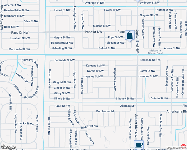 map of restaurants, bars, coffee shops, grocery stores, and more near 1162 Nordic Street Northwest in Palm Bay