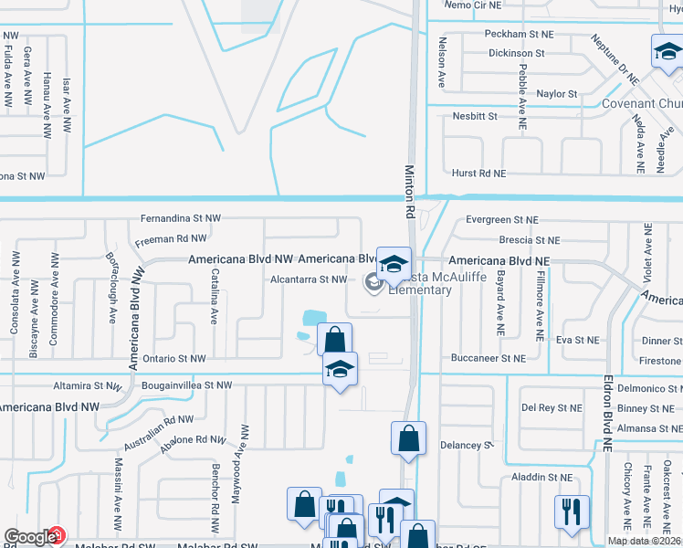 map of restaurants, bars, coffee shops, grocery stores, and more near 228 Americana Boulevard Northwest in Palm Bay