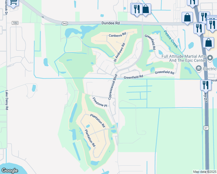 map of restaurants, bars, coffee shops, grocery stores, and more near 803 Eagle Pond Drive in Winter Haven