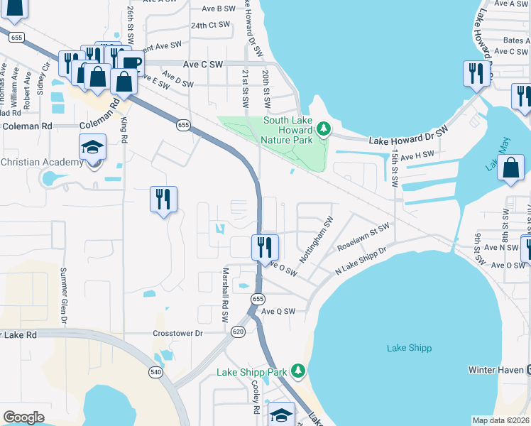 map of restaurants, bars, coffee shops, grocery stores, and more near 2009 Recker Highway in Winter Haven
