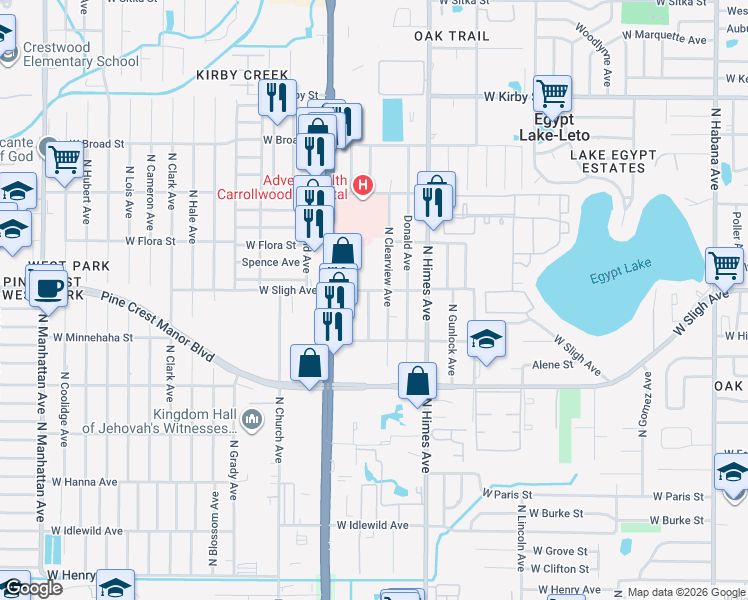 map of restaurants, bars, coffee shops, grocery stores, and more near 3619 West Sligh Avenue in Tampa