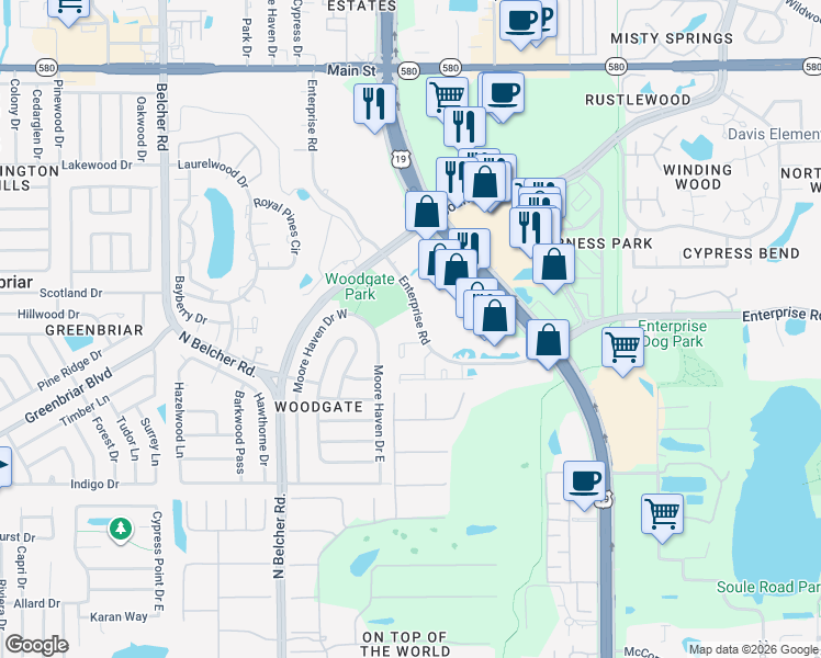 map of restaurants, bars, coffee shops, grocery stores, and more near 2488 Enterprise Road in Clearwater