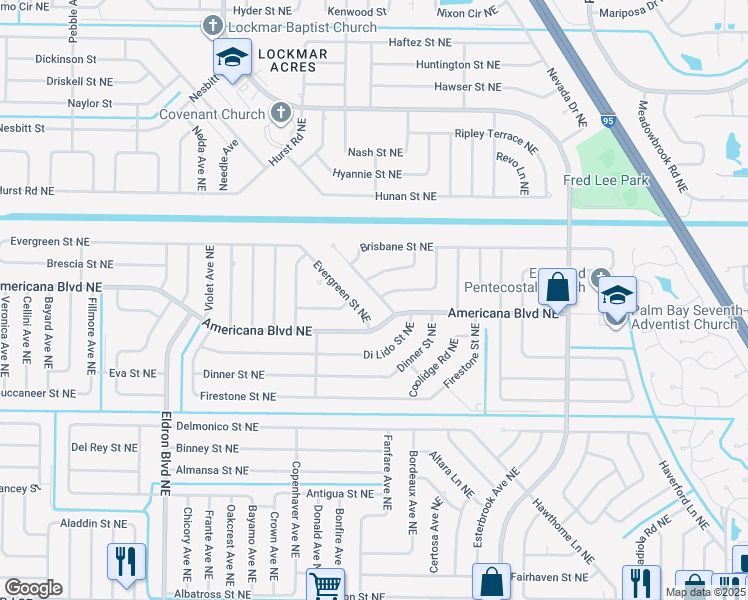 map of restaurants, bars, coffee shops, grocery stores, and more near 705 Antilles Road Northeast in Palm Bay