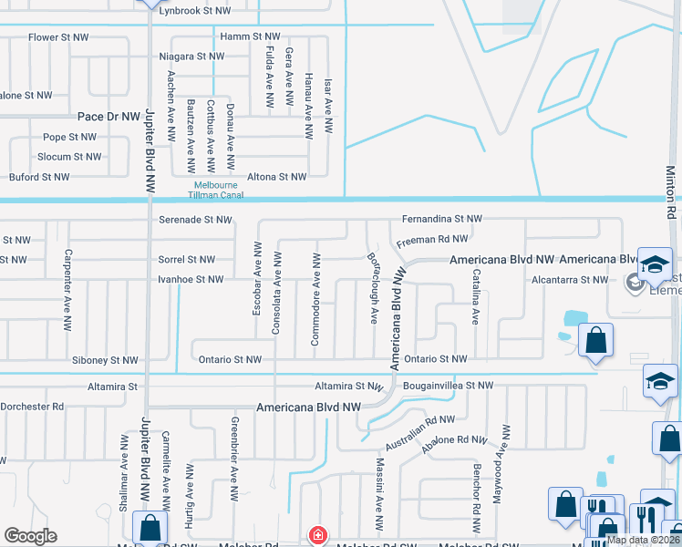 map of restaurants, bars, coffee shops, grocery stores, and more near 661 Estaugh Street Northwest in Palm Bay