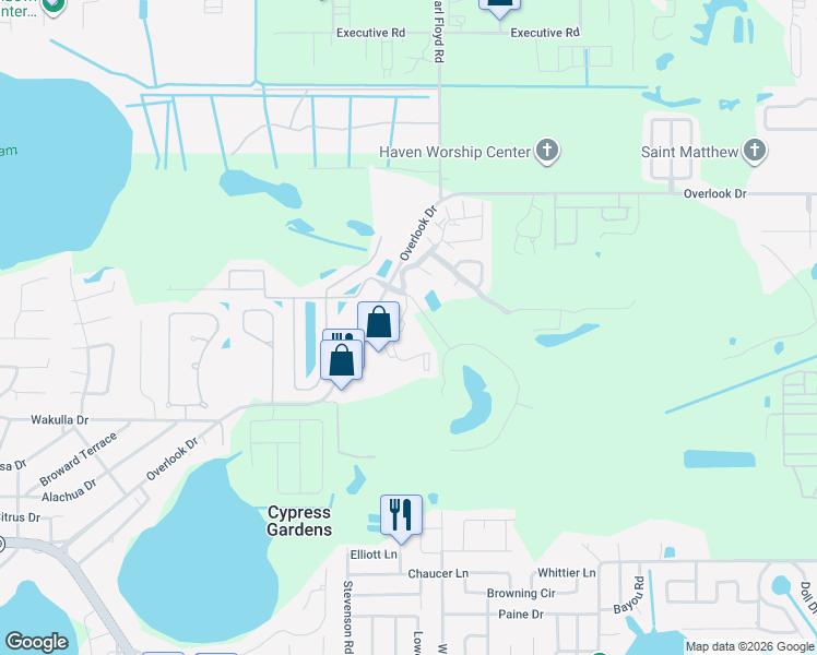 map of restaurants, bars, coffee shops, grocery stores, and more near 200 El Camino Drive in Winter Haven