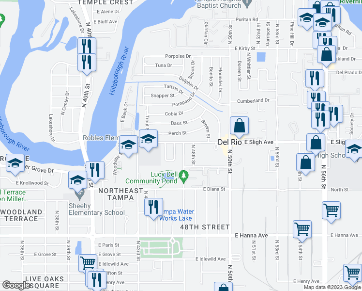 map of restaurants, bars, coffee shops, grocery stores, and more near 6816 North 47th Street in Tampa