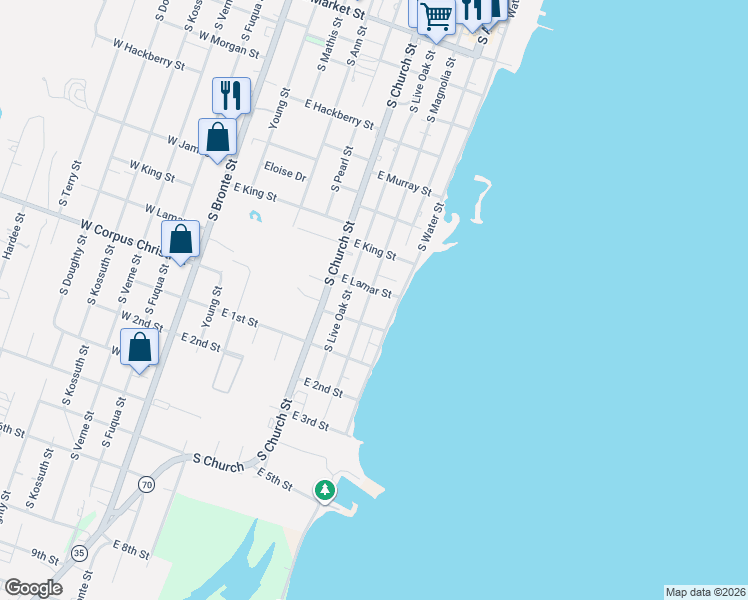 map of restaurants, bars, coffee shops, grocery stores, and more near 1232 South Magnolia Street in Rockport