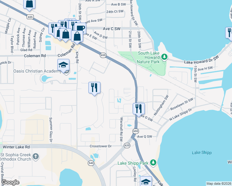 map of restaurants, bars, coffee shops, grocery stores, and more near 1058 Sunshine Way in Winter Haven