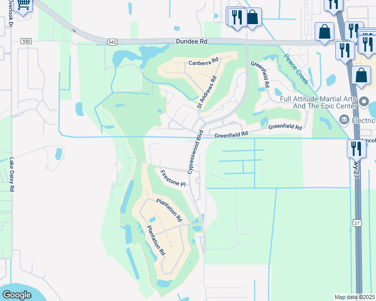map of restaurants, bars, coffee shops, grocery stores, and more near 803 Eagle Pond Drive in Winter Haven