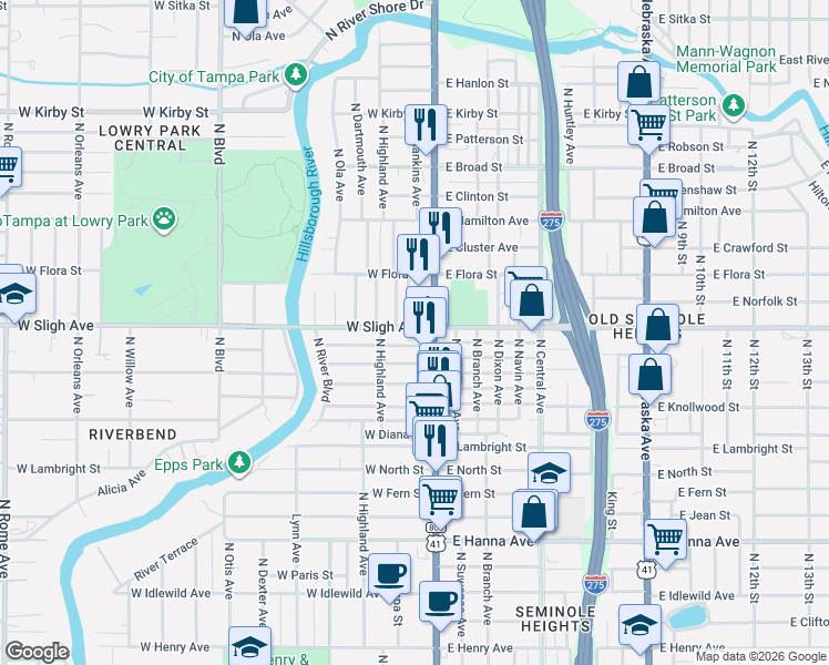 map of restaurants, bars, coffee shops, grocery stores, and more near 117 West Sligh Avenue in Tampa