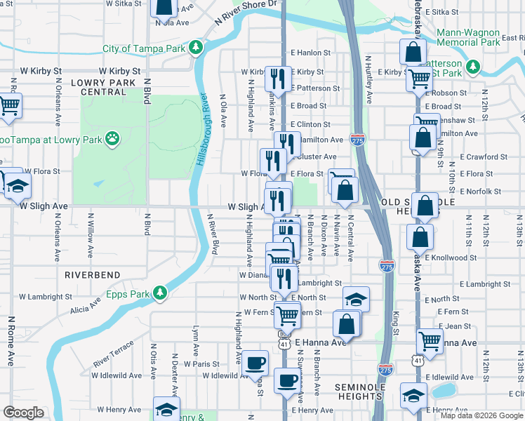 map of restaurants, bars, coffee shops, grocery stores, and more near 117 West Sligh Avenue in Tampa