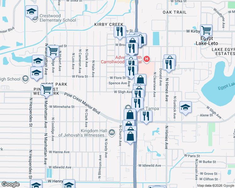 map of restaurants, bars, coffee shops, grocery stores, and more near 3905 West Sligh Avenue in Tampa
