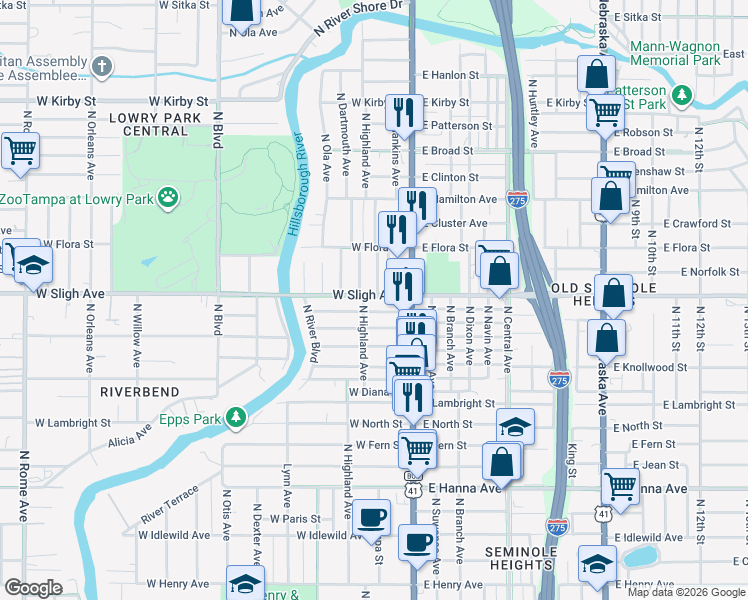 map of restaurants, bars, coffee shops, grocery stores, and more near 122 West Sligh Avenue in Tampa
