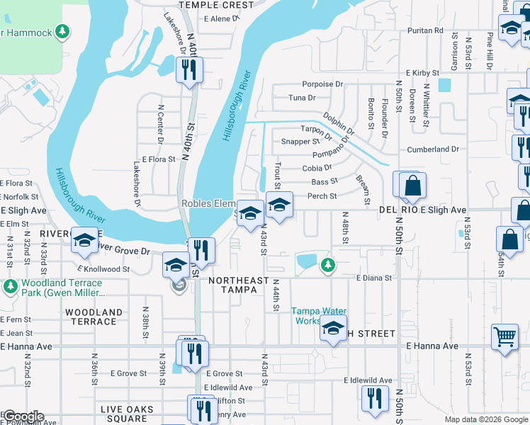 map of restaurants, bars, coffee shops, grocery stores, and more near East Sligh Avenue & North 43rd Street in Tampa