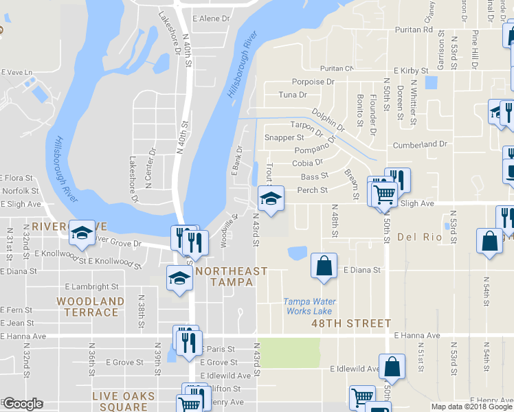 map of restaurants, bars, coffee shops, grocery stores, and more near 3017 East Sligh Avenue in Tampa