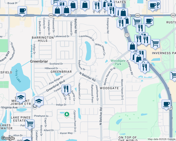 map of restaurants, bars, coffee shops, grocery stores, and more near 2486 Bay Berry Court in Clearwater