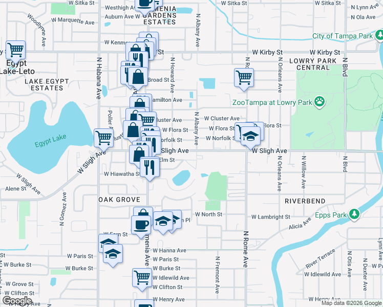 map of restaurants, bars, coffee shops, grocery stores, and more near 2101 West Sligh Avenue in Tampa
