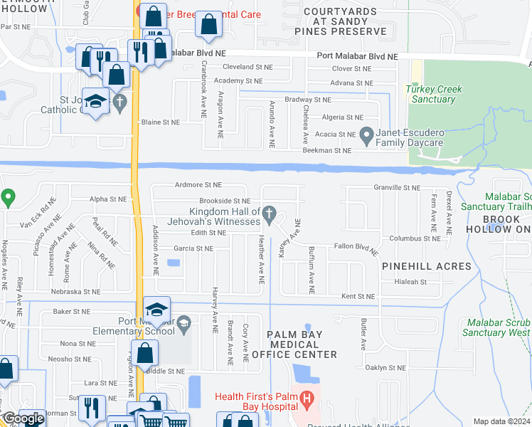 map of restaurants, bars, coffee shops, grocery stores, and more near 1941 Fallon Boulevard Northeast in Palm Bay