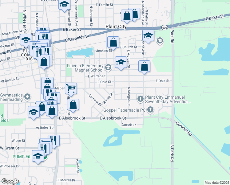 map of restaurants, bars, coffee shops, grocery stores, and more near 1301 East Alabama Street in Plant City