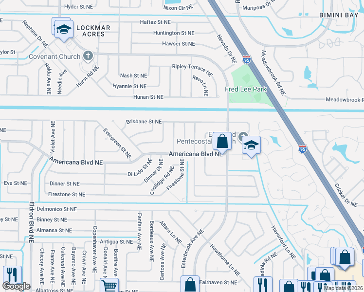 map of restaurants, bars, coffee shops, grocery stores, and more near 531 Janus Road Northeast in Palm Bay