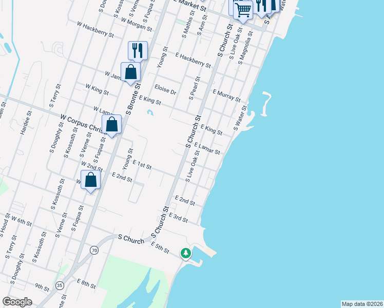 map of restaurants, bars, coffee shops, grocery stores, and more near 1303 South Live Oak Street in Rockport