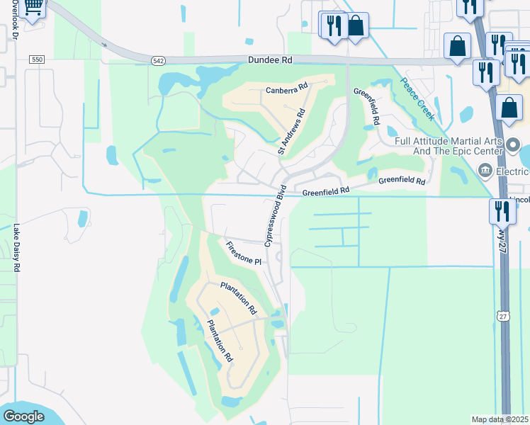 map of restaurants, bars, coffee shops, grocery stores, and more near 1007 Eagle Pond Drive in Winter Haven