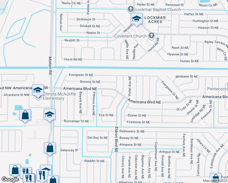 map of restaurants, bars, coffee shops, grocery stores, and more near 365 Americana Boulevard Northeast in Palm Bay