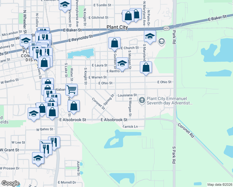 map of restaurants, bars, coffee shops, grocery stores, and more near 606 South Gordon Street in Plant City